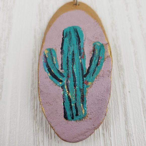 Wood Oval SINGLE Earring Cactus Painted Drop - Picture 3 of 5